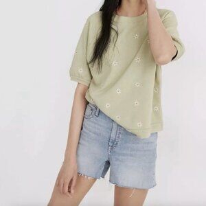 Madewell Daisy Embroidered Short Puff Sleeve Relaxed Fit Sweatshirt Size Medium